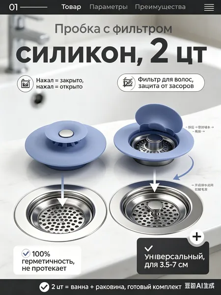 Силиконовые пробки с фильтром для волос, нажимные (pop-up), 2 шт. - универсальные для ванны, душа и раковины (диаметр 3.5-7 см), пищевые, 100% герметичность, легко чистятся, синий + белый