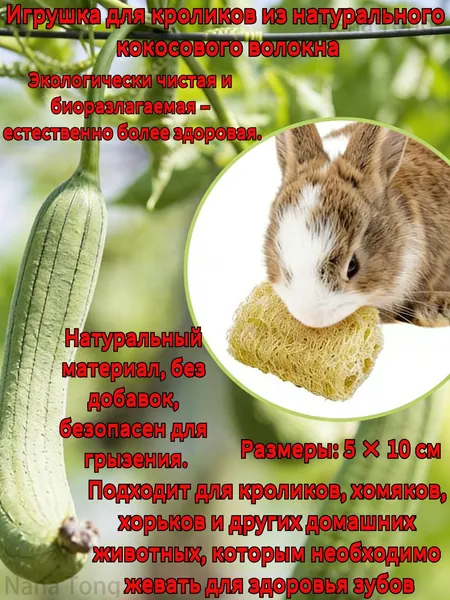 Игрушка для жевания для домашних животных: изготовлена из натурального кокосового волокна, подходит для кроликов, хомяков, морских свинок, морских свинок и песчанок. Способствует здоровью зубов.