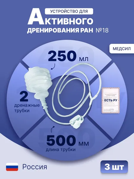 Хирургический набор/набор устройств для активного дренирования ран с баллоном 250 мл №18, 500 мм, 2 дренажа из поливинилхлорида, Y-образный переходник, одноразовое, стерильное, 3 шт., УАДР-250-П2 № 18