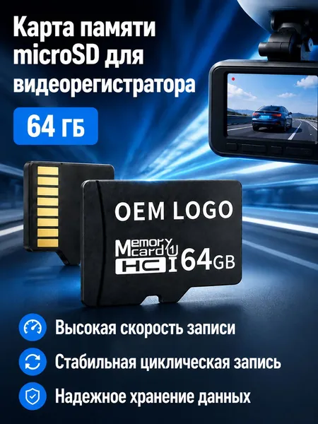 Карта памяти MicroSDHC 64 ГБ для видеорегистратора: UHS-I, V30, C10, A1, скорость до 100 МБ/с