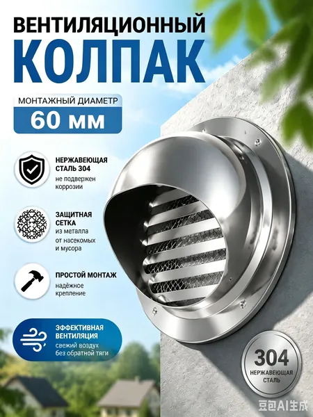 Выход стенной металлический с решеткой и сеткой, 304 нержавеющей стали,D60mm