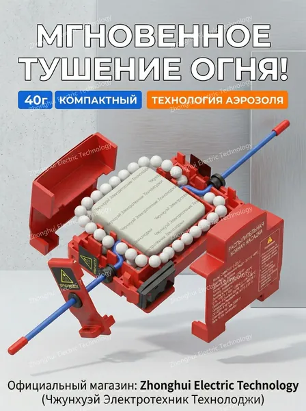 Автономная установка аэрозольного пожаротушения, автоматический огнетушитель для автомобиля, электрощита и ИБП, крепление на DIN-рейку, термоактивирующийся, 40г