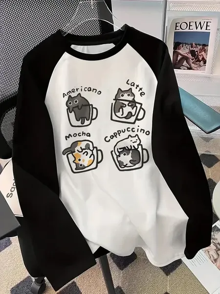 Женская Повседневная Футболка С Длинным Рукавом Coffee Cat