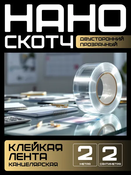 2m-2cm. НАНО ЛЕНТА прозрачная двусторонняя многоразовая водостойкая клейкая. Крепление без сверления картин, зеркал, часов, фото, полок, табличек, постеров, крючков. Сильная фиксация. Нано скотч