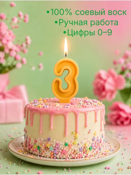 Свеча для торта Цифра "3", с шиммером, цвет жёлтый
