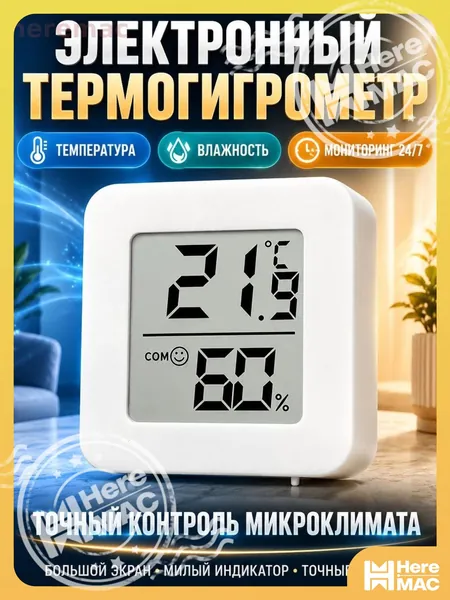 Электронный термогигрометр комнатный, цифровой термометр и гигрометр для дома, измеритель температуры и влажности воздуха с индикатором комфорта, LCD-экран, для спальни, детской, кухни, офиса HEREMAC