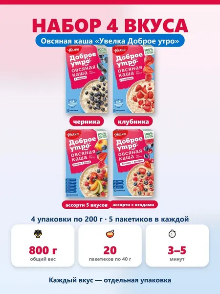 Овсяная каша быстрого приготовления Увелка Доброе утро набор черника клубника ассорти 5 вкусов ассорти с ягодами 800 г 20 пакетиков по 40 г. порционная для завтрака полезный перекус, в дорогу в офис.