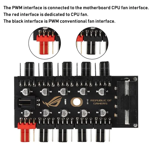 10-канальный адаптер для вентиляторов PWM 4Pin для материнской платы системного блока компьютера, разделяющий 1 интерфейс на 10, с красным интерфейсом для CPU вентилятора и черным PWM интерфейсом