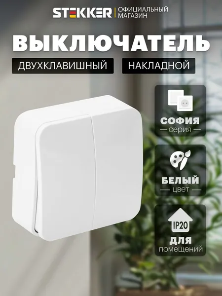Выключатель двухклавишный накладной, белый, Stekker MSW10-20-01 София 49289
