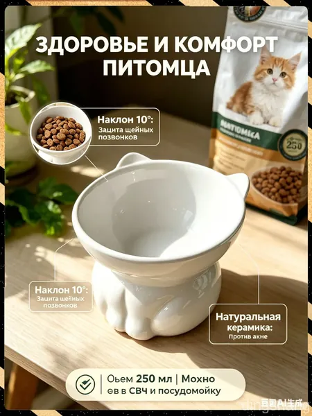 Эксклюзивная пластиковая анатомическая миска для кормления мелких кошек и собак, объемом 250 мл, белая, на наклонной подставке CATWHITE10GRADUS250ML, используется для воды и корма.