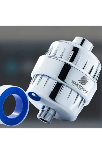 MAK Supply Душевой фильтр для очистки воды, 9 ступеней фильтрации против хлора и тяжелых металлов. Защита для кожи и волос, универсальный аксессуар для ванной комнаты, серебристый корпус.