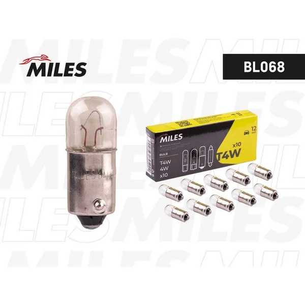 Лампа накаливания сигнальная MILES BL068, T4W, 12V, 4W, BA9s (1 шт.)