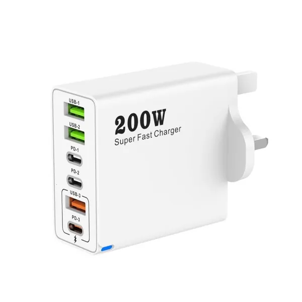 Зарядное устройство GaN 200W, 3 USB + 3 Type-C, Белый - UK