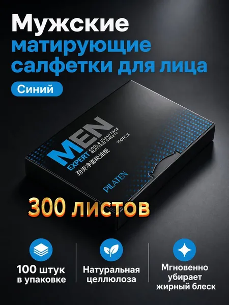 Бумажки для лица поглощающие жир, 300 шт., синий, из первичной древесной целлюлозы, для мужчин