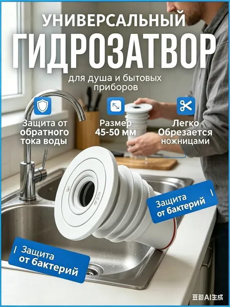 Гидрозатвор для канализации силиконовый универсальный 32-50 мм; обратный клапан для слива и защита от запаха, бактерий, насекомых для кухни, ванной и стиральной машины, антибактериальное покрытие