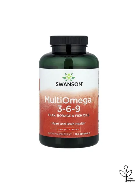 Swanson Multiomega 3-6-9, Омега 3-6-9, Рыбий жир + Масло огуречника + Льняное масло, 120 мягких капсул, Жирные кислоты, витамины для сердца и сосудов, для мозга, для здоровья кожи