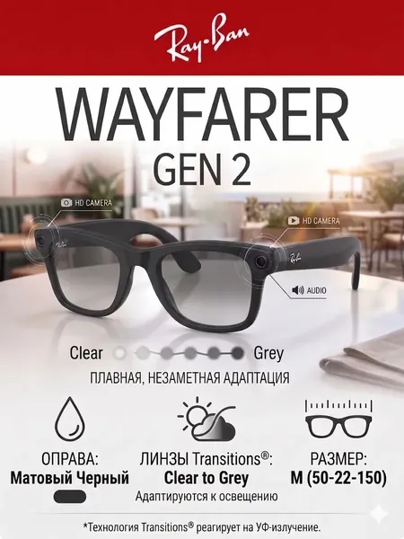 Ray-Ban Очки с камерой Wayfarer, черный