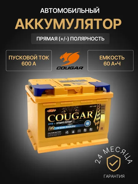 COUGAR Аккумулятор автомобильный, 60 А•ч, Прямая (+/-) полярность
