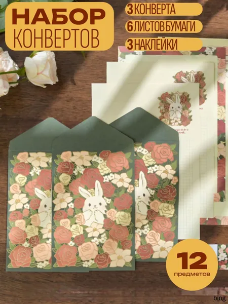 Конверты бумажные и бумага для писем, 12 предметов.