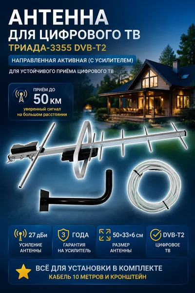 Наружная телевизионная антенна Триада-3355 DVB-T2, направленная активная (с усилителем) цифровая, до 50 км, в комплекте с кабелем 10 метров и кронштейном, алюминиевая, в коробке