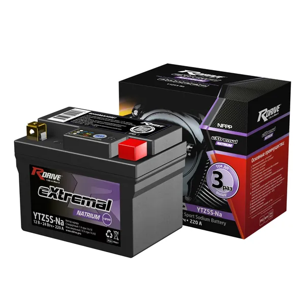 Мото аккумулятор натриевый Rdrive YTZ5S-Na 12В 2Ач 24Втч (12V 2Ah) 220А обратная полярность (YTX4L-BS) NFPP аккумулятор для мотоцикла, квадроцикла, снегохода, дизельных генераторов