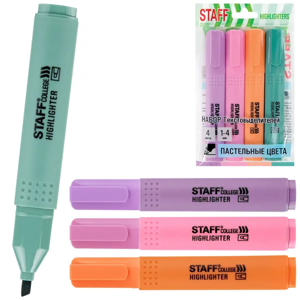 Набор текстовыделителей 4 ПАСТЕЛЬНЫХ ЦВЕТА , STAFF College "STICK PASTEL", линия письма 1-4 мм, скошенный наконечник, 152531 маркеры и текстовыделители, канцелярские товары для офиса и дома