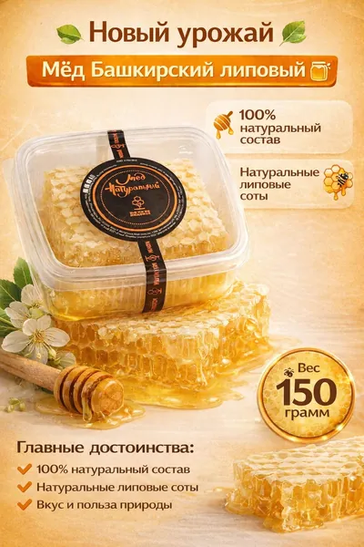 Мёд Башкирский липовый в сотах Урожай 2025 Моя Медовня 150 +-15 г натуральный сотовый фермерский с пасеки, Подарок на 23 февраля 8 марта Маме, Папе Бабушке Дедушке на День рождения