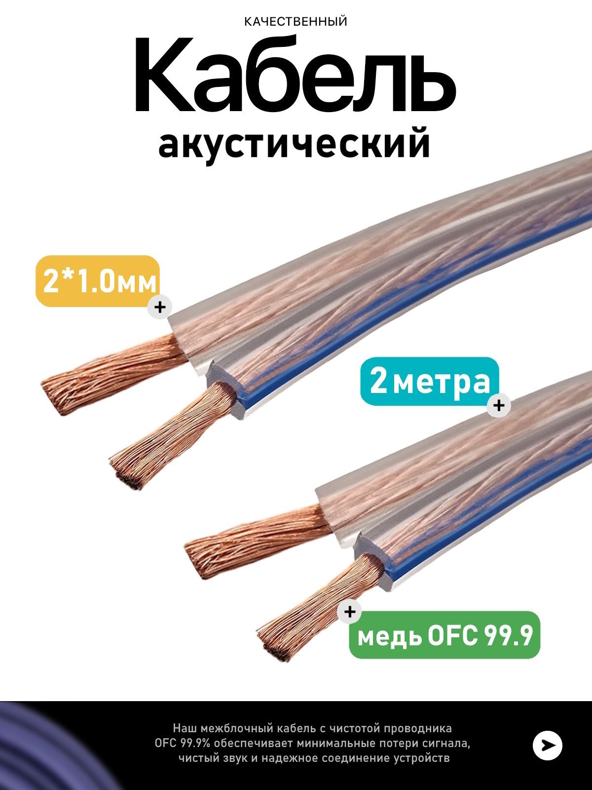 Кабель акустический 2х1,0 мм , 2 метра, бескислородная OFC медь, прозрачная изоляция