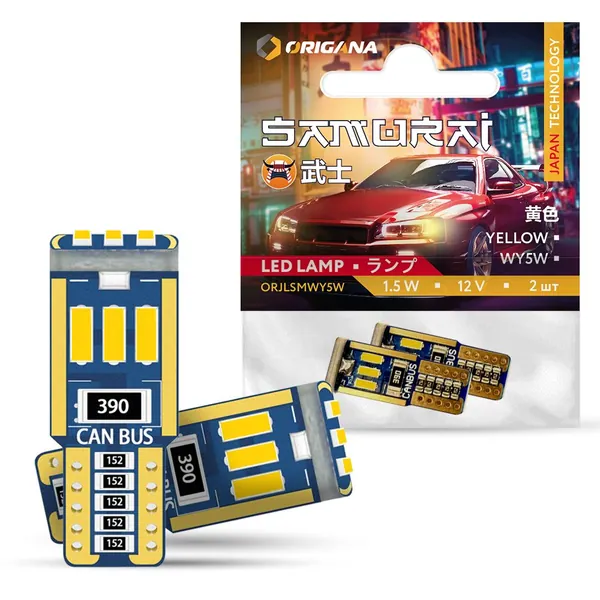 Лампа светодиодная автомобильная SAMURAI "ОРАНЖЕВАЯ" WY5W T10 LED 2700K (Комплект 2 шт.) габаритная , подсветки номерного знака , освещения салона, багажника , повторителей поворотников