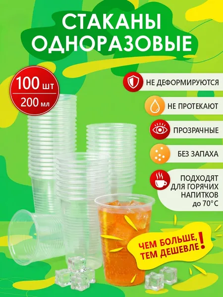 Стаканы одноразовые 200 мл 100 шт, пластиковые, прозрачные, стаканчики для горячих и холодных напитков, для кофе, для чая, для рассады, одноразовая посуда для пикника, праздника