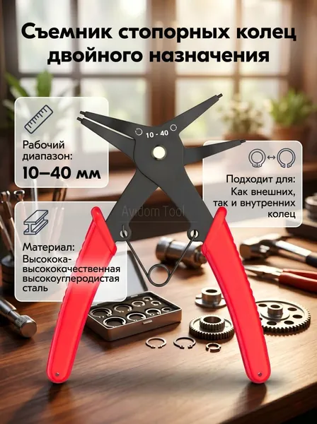 Съемник стопорных колец 2 в 1 универсальный, щипцы пассатижи для снятия внутренних и внешних колец (2-24мм), инструмент для автосервиса и гаража, высокоуглеродистая сталь, черно-красный
