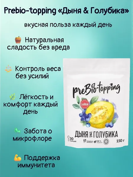 Prebio-topping Дыня & Голубика/ Prebio-topping клетчатка для лёгкости, очищения и контроля веса / Пребиотик с клетчаткой Дыня & Голубика, для пищеварения и микрофлоры / полезная добавка ПП