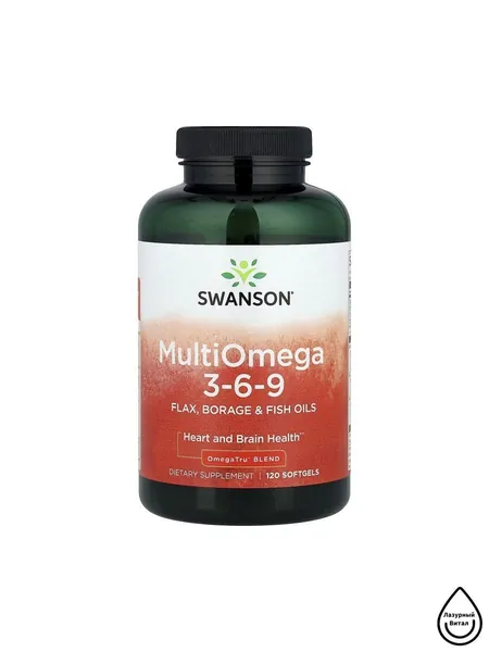 Swanson Multiomega 3-6-9, Омега 3-6-9, Рыбий жир + Масло огуречника + Льняное масло, 120 мягких капсул, Жирные кислоты, витамины для сердца и сосудов, для мозга, для здоровья кожи