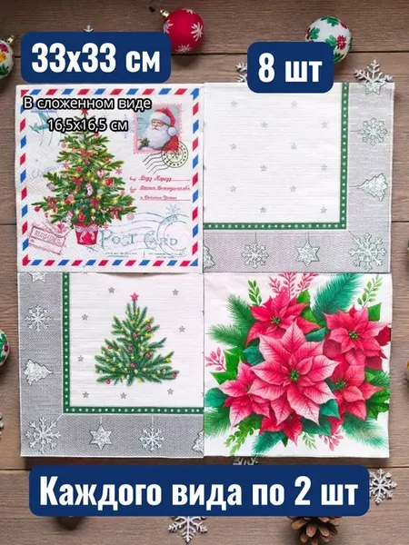 Бумажные новогодние салфетки для декупажа, 33х33 см, 8 шт
