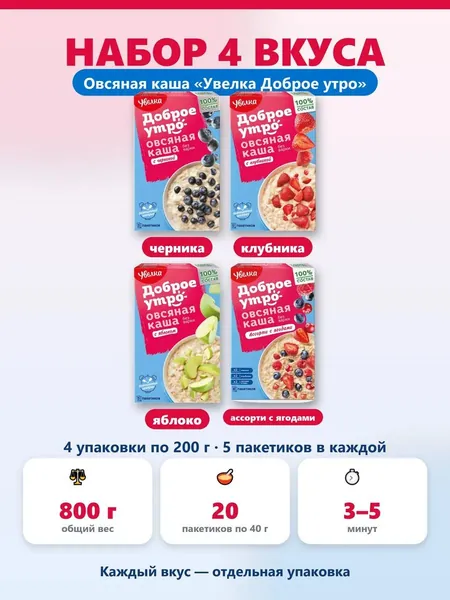 Овсяная каша Увелка Доброе утро набор ассорти черника клубника яблоко ассорти с ягодами 800 г 20 пакетиков по 40 г. без варки быстрого приготовления моментальная каша, порционная для завтрака.