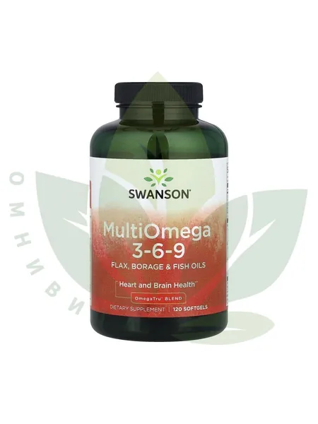 Swanson Multiomega 3-6-9, Омега 3-6-9, Рыбий жир + Масло огуречника + Льняное масло, 120 мягких капсул, Жирные кислоты, витамины для сердца и сосудов, для мозга, для здоровья кожи