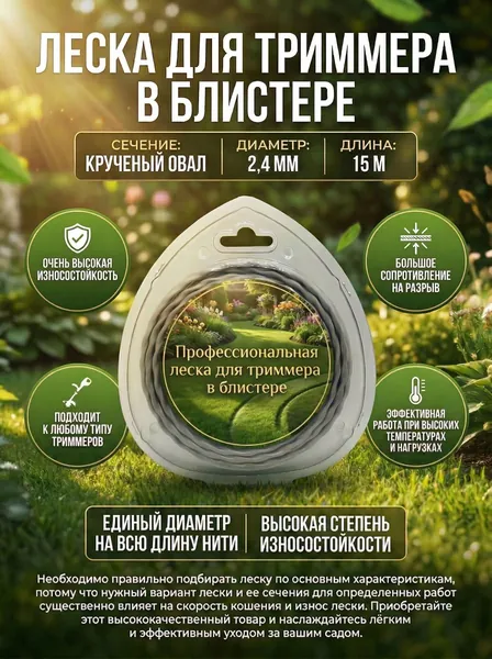 Леска для триммера в блистере, Крученый овал, диаметр 2,4, длина 15М.