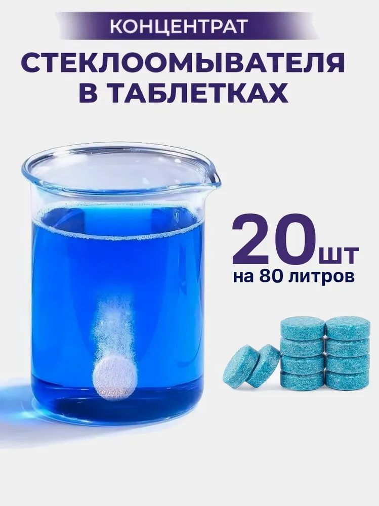 Жидкость для омывателя стекол летний концентрат (таблетки 20 шт 80 литров смеси) Мгновенная очистка от насекомых и пыли