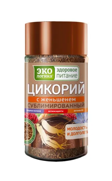Экологика Цикорий растворимый, Здоровое питание, 100% натуральный сублимированный, с женьшенем, 85 г