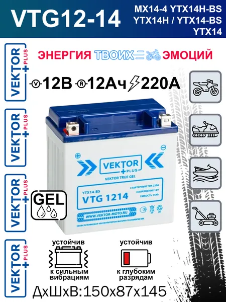 Мото аккумулятор стартерный Vektor 1214 12В 14Ач прямая полярность 220A (12V 14Ah) (YTX14-BS, YTX14H-BS) гелевый, GEL, для мотоцикла, гидроцикла, квадроцикла, снегохода, генератора