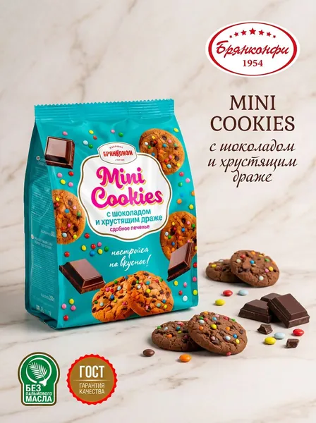 Печенье сдобное "MINI COOKIES" с шоколадом и хрустящим драже из ванильного теста, украшенное цветным драже, 200 грамм, Брянконфи, Изготовлено по ГОСТ 24901-2023, полезные сладости для детей и взрослых