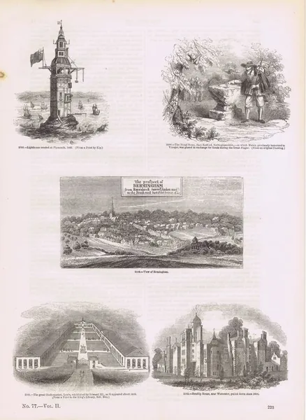 Старая Англия 293. Вид города Бирмингем, Плимутский маяк, Хендлип-Хаус, ярмарка тканей в Лидсе, исторический камень в в городе Ист-Ретфорд. Антикварная гравюра (ксилография). Англия, 1864 год
