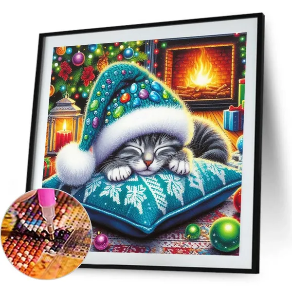 Диамантная картина Рождественский котёнок 40 40 см, 5D DIY