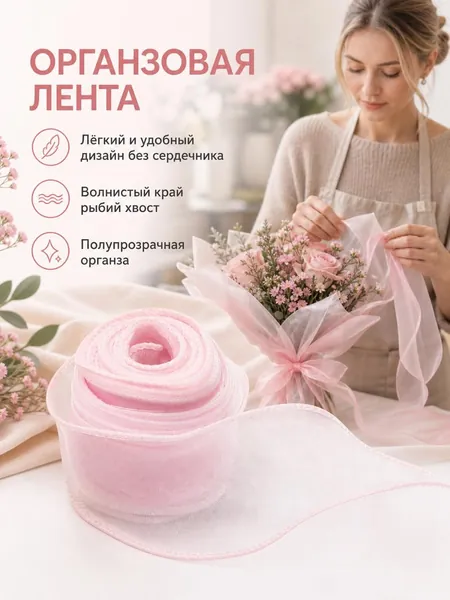 Флористическая лента из органзы с кордом, бордовый, для букетов и декора