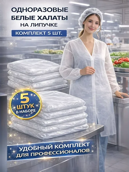 Одноразовый белый халат из спанбонда на липучке, 5 шт. без карманов, 25 г/м, размер L-XL (универсальный), легкий защитный халат для медицины, пищевого производства, лабораторий и клининга