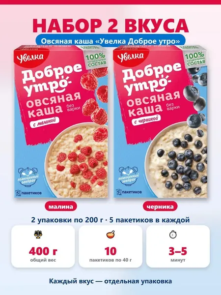 Овсяная каша Увелка Доброе утро набор ассорти малина черника 400 г 10 пакетиков по 40 г. правильное питание для всей семьи вкусный завтрак, натуральная на воде и молоке быстрый завтрак.