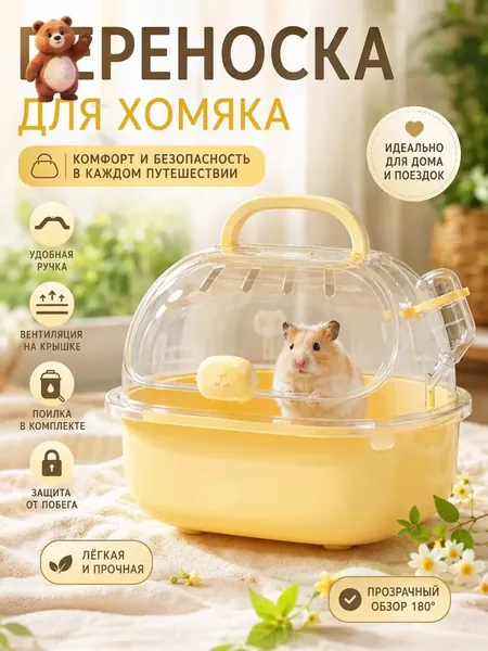 Качественная дорожная переноска для мелких животных, размером 20х18х19 см, оснащенная ручкой, поилкой на 60 мл и вентиляцией, используется как портативная клетка для птиц и хомяков.- LCY