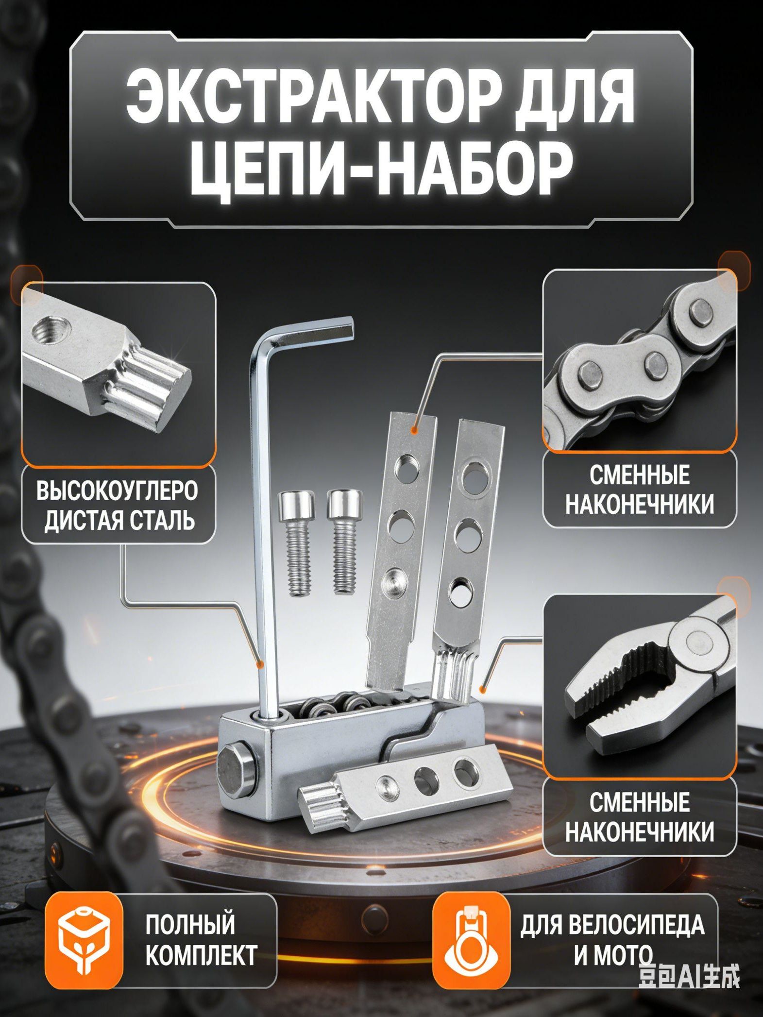 Экстрактор для велосипедной и мотоциклетной цепи, набор - инструмент для снятия/установки цепи из высокоуглеродистой стали с хромированным покрытием, сменными наконечниками и шестигранным ключом