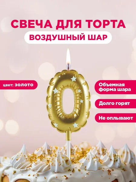 Свеча для торта цифра Воздушный шар PATERRA, цифра 0, золотая