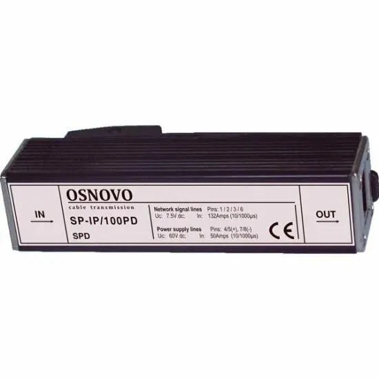 Грозозащита OSNOVO защита локальной вычислительной сети, скорость до 100 Мбит/с, с защитой линий PoE (SP-IP/100PD)